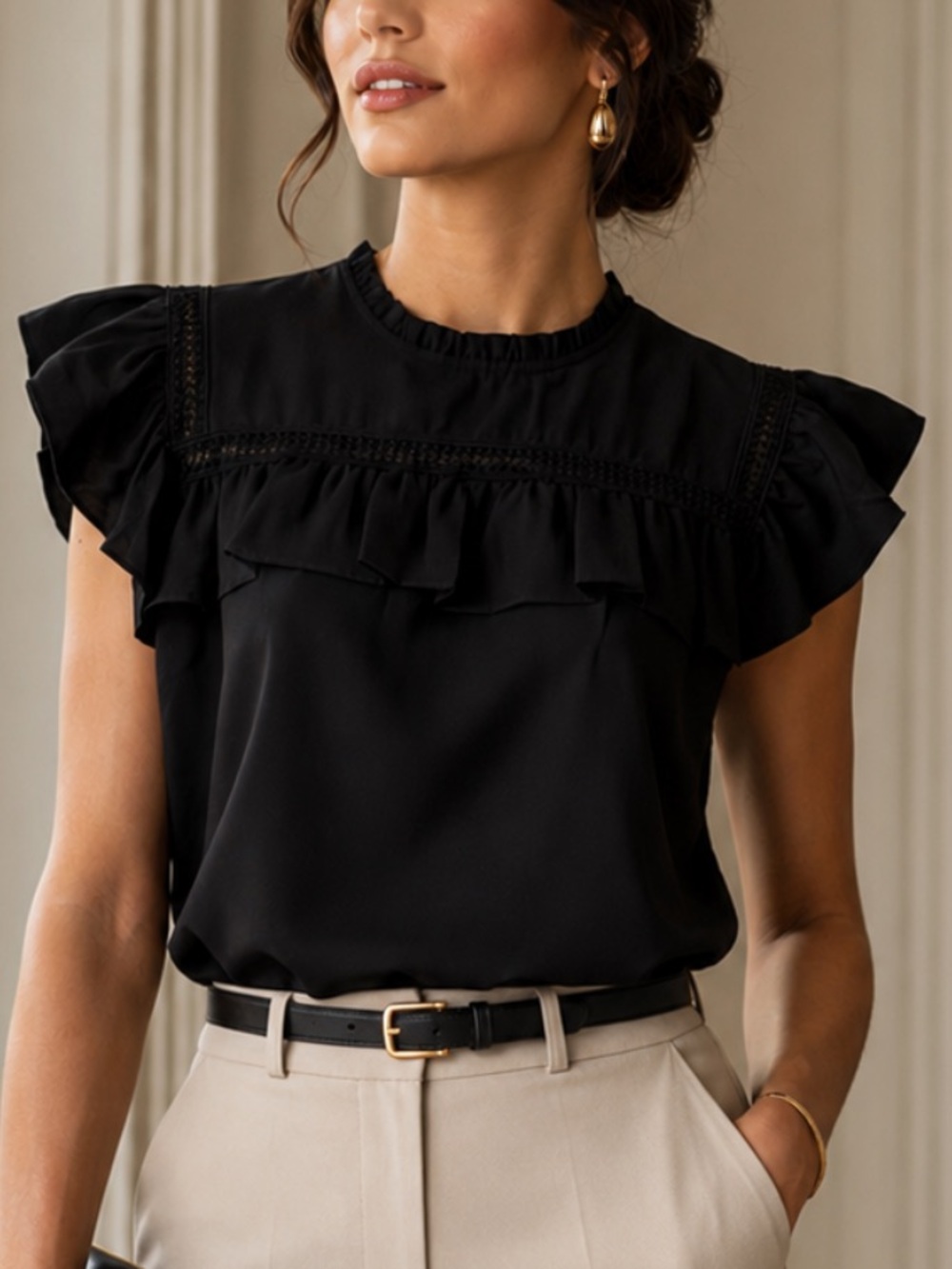 Adorable Black Ruffle Cap-Sleeve Blouse